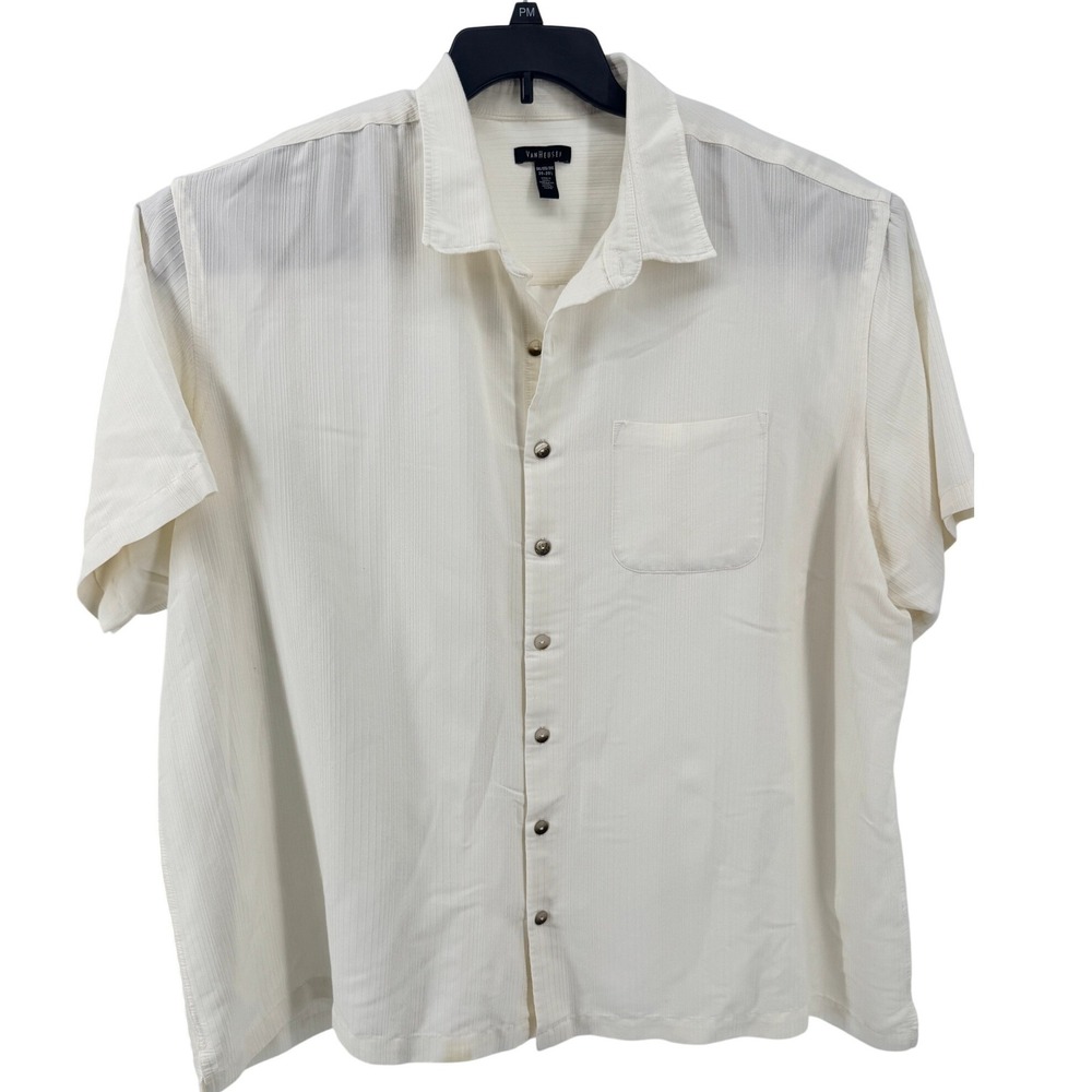 Van Heusen Shirt Mens 3XL Cream Textured Stripe Short‎ Sleeve Button DownCamp